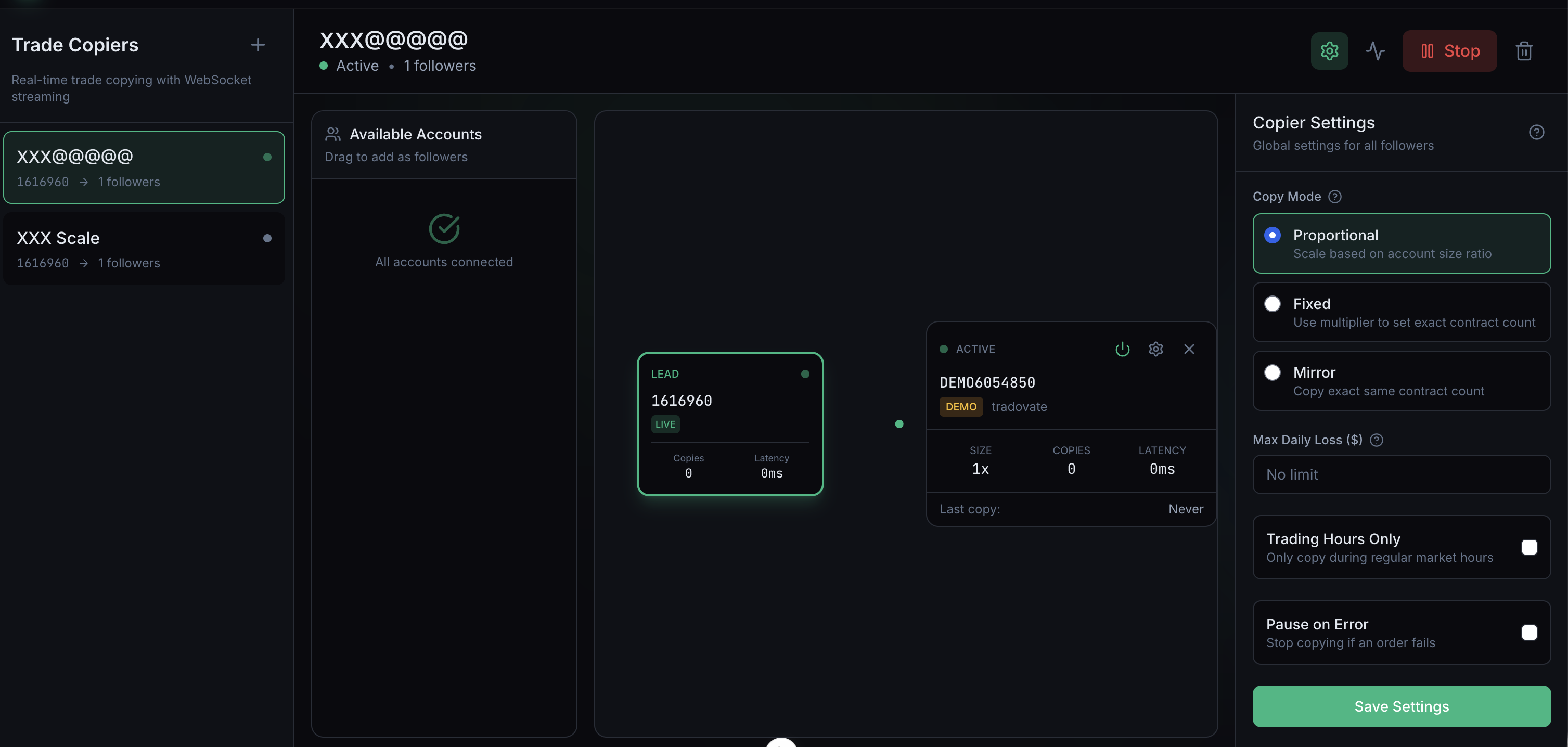 Trade copier flow visualization with lead and follower accounts
